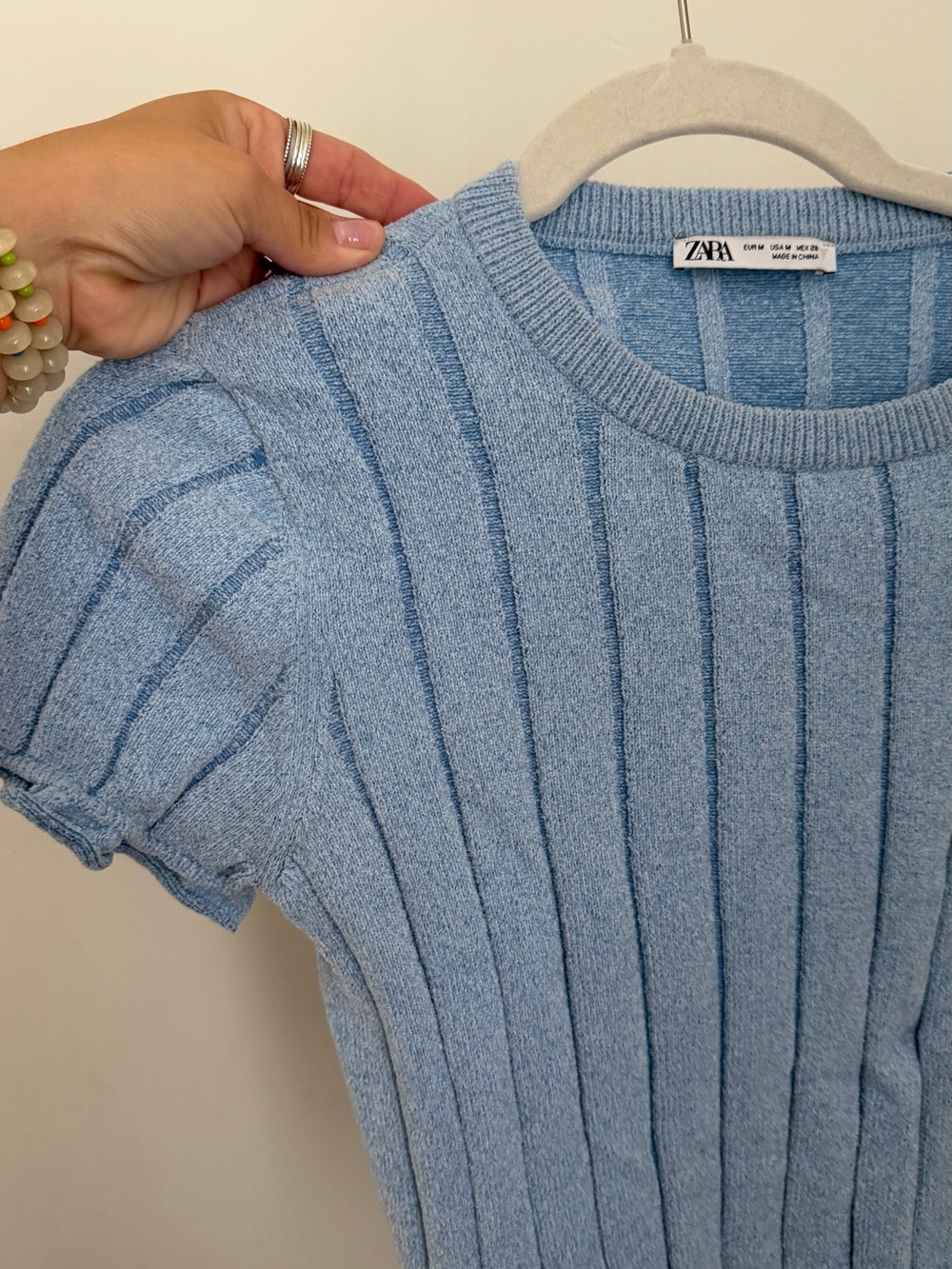 Zara Sky Blue Ribbed Short Sleeve Crew Sweater